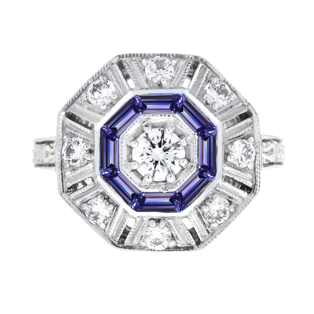 Blue Tanzanite & Diamond Art Deco Style Target Hexagon Shape 18K White Gold Ring
