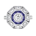 Blue Tanzanite & Diamond Art Deco Style Target Hexagon Shape 18K White Gold Ring