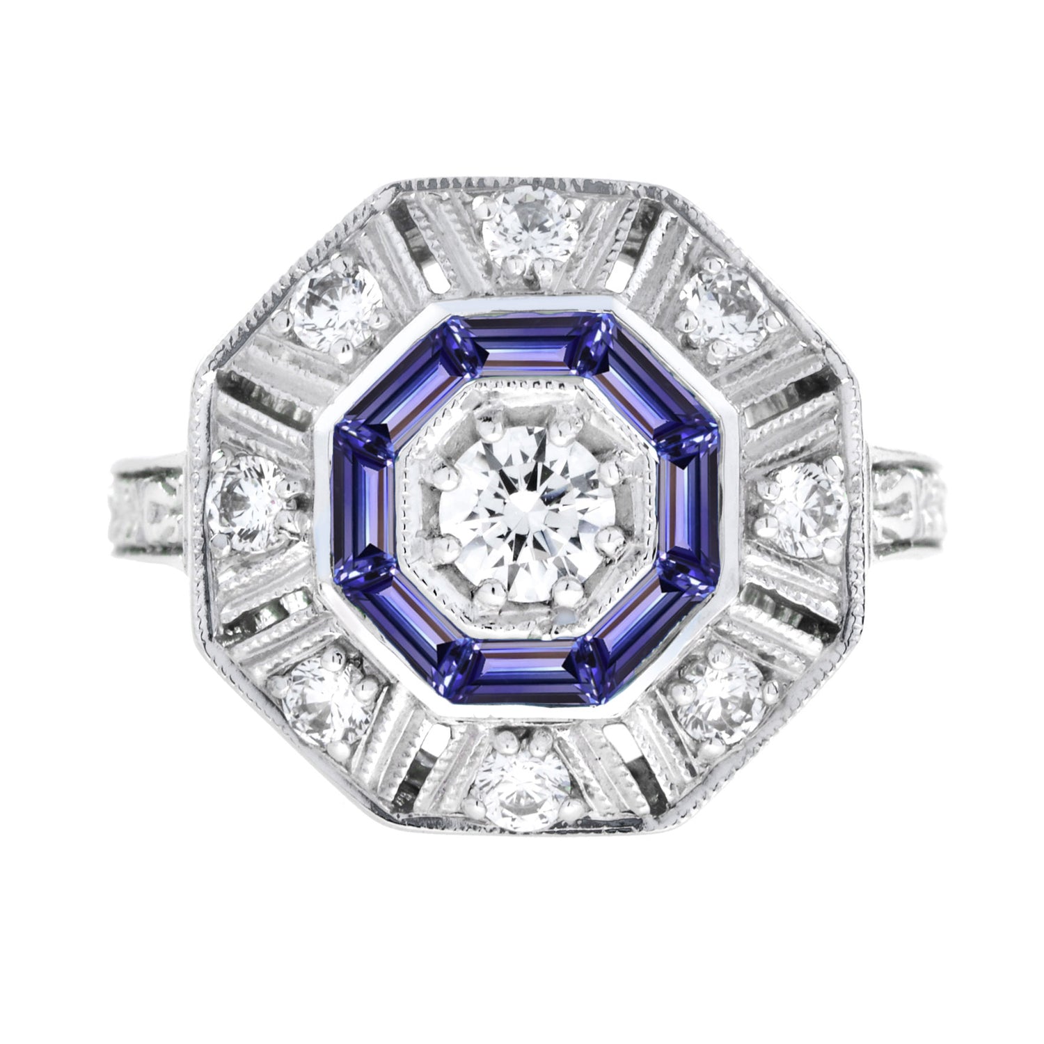 Blue Tanzanite &amp; Diamond Art Deco Style Target Hexagon Shape 18K White Gold Ring