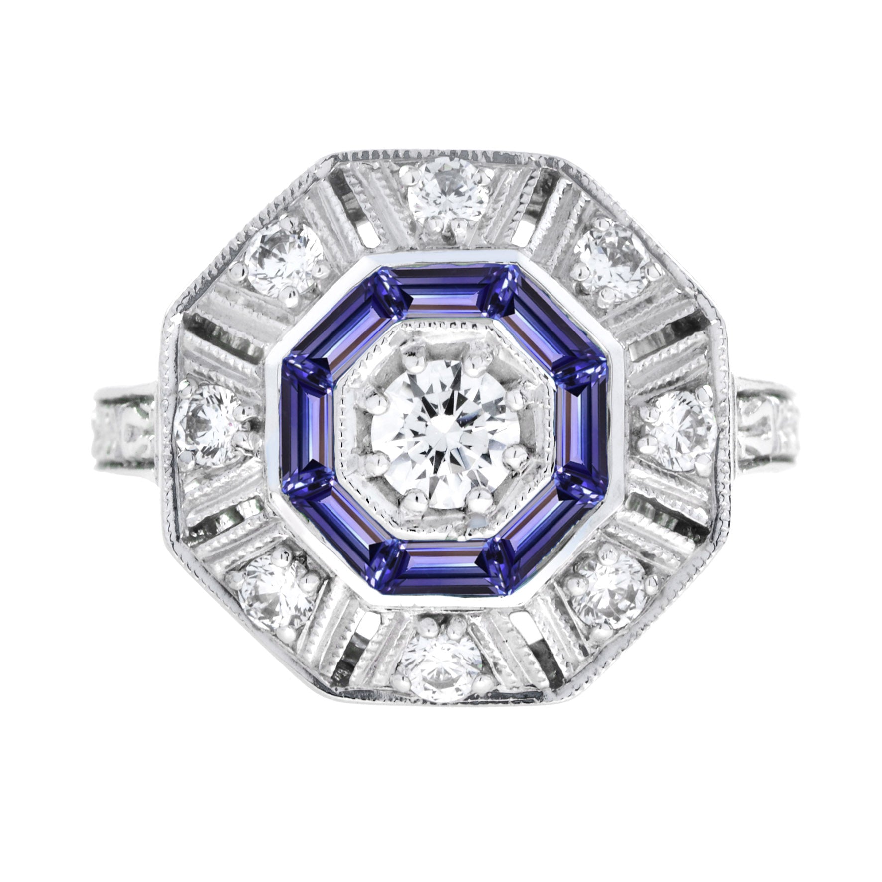 Blue Tanzanite &amp; Diamond Art Deco Style Target Hexagon Shape 18K White Gold Ring