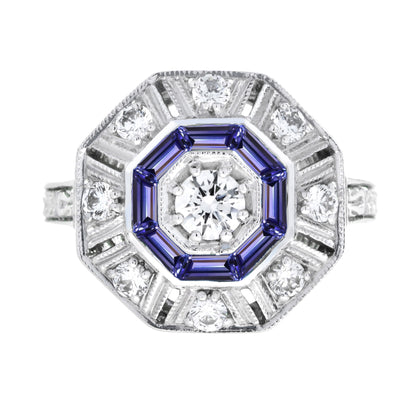Blue Tanzanite &amp; Diamond Art Deco Style Target Hexagon Shape 18K White Gold Ring