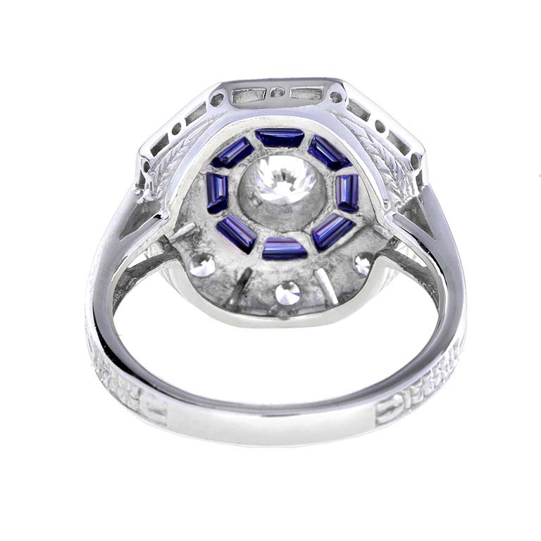 Blue Tanzanite &amp; Diamond Art Deco Style Target Hexagon Shape 18K White Gold Ring