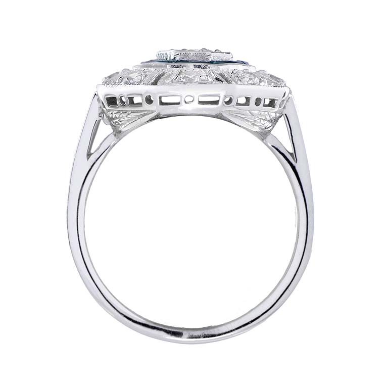 Blue Tanzanite & Diamond Art Deco Style Target Hexagon Shape 18K White Gold Ring