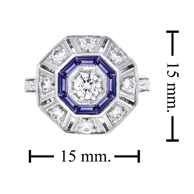 Blue Tanzanite &amp; Diamond Art Deco Style Target Hexagon Shape 18K White Gold Ring