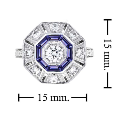 Blue Tanzanite &amp; Diamond Art Deco Style Target Hexagon Shape 18K White Gold Ring