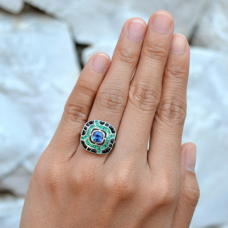 Art Deco Style Blue Sapphire & Green Emerald Black Onyx Cushion White Gold Ring