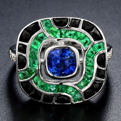 Art Deco Style Blue Sapphire & Green Emerald Black Onyx Cushion White Gold Ring