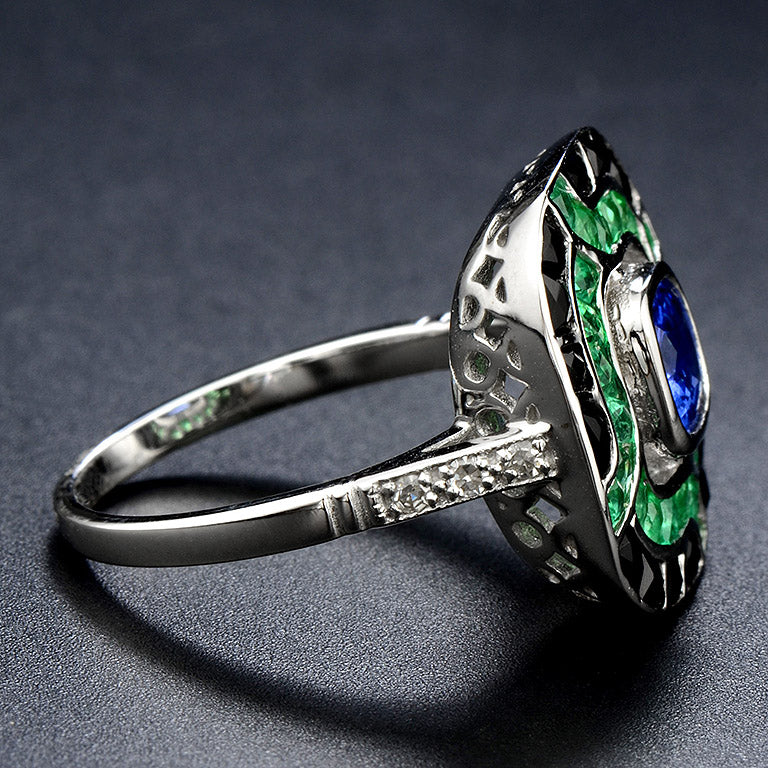 art deco style blue sapphire & green emerald black onyx cushion white gold ring