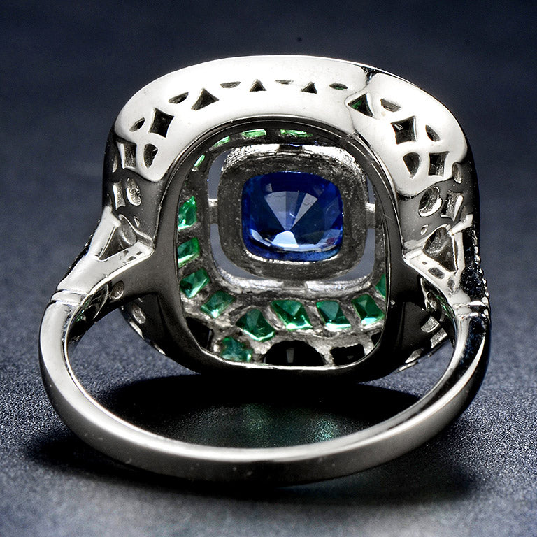 art deco style blue sapphire & green emerald black onyx cushion white gold ring