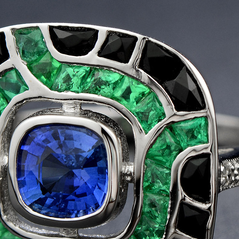art deco style blue sapphire & green emerald black onyx cushion white gold ring