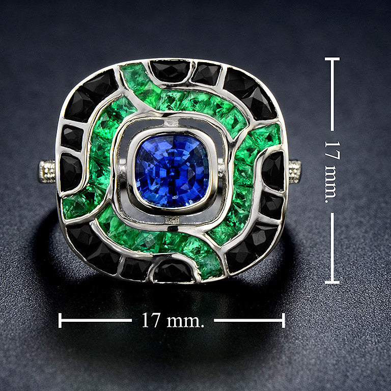 art deco style blue sapphire & green emerald black onyx cushion white gold ring