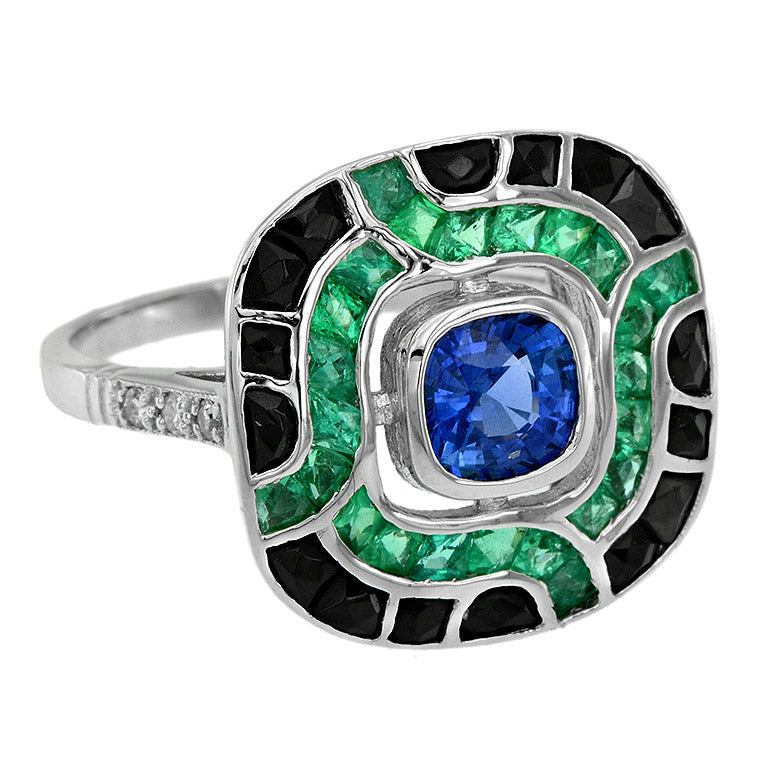 Art Deco Style Blue Sapphire & Green Emerald Black Onyx Cushion White Gold Ring