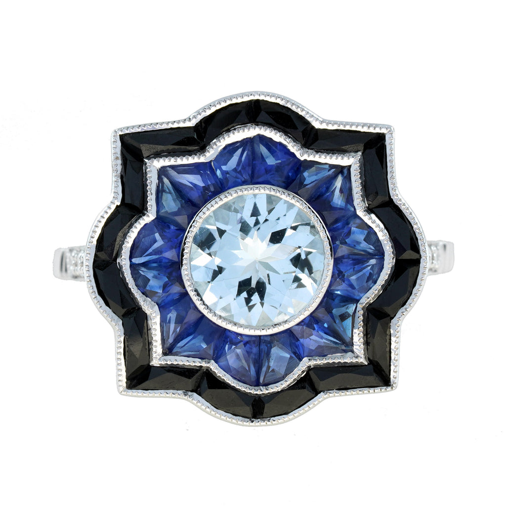 4.78 ctw Art Deco Style Blue Sapphire, Aquamarine, Diamond & Onyx 14K White Gold Ring