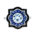 4.78 ctw Art Deco Style Blue Sapphire, Aquamarine, Diamond & Onyx 14K White Gold Ring