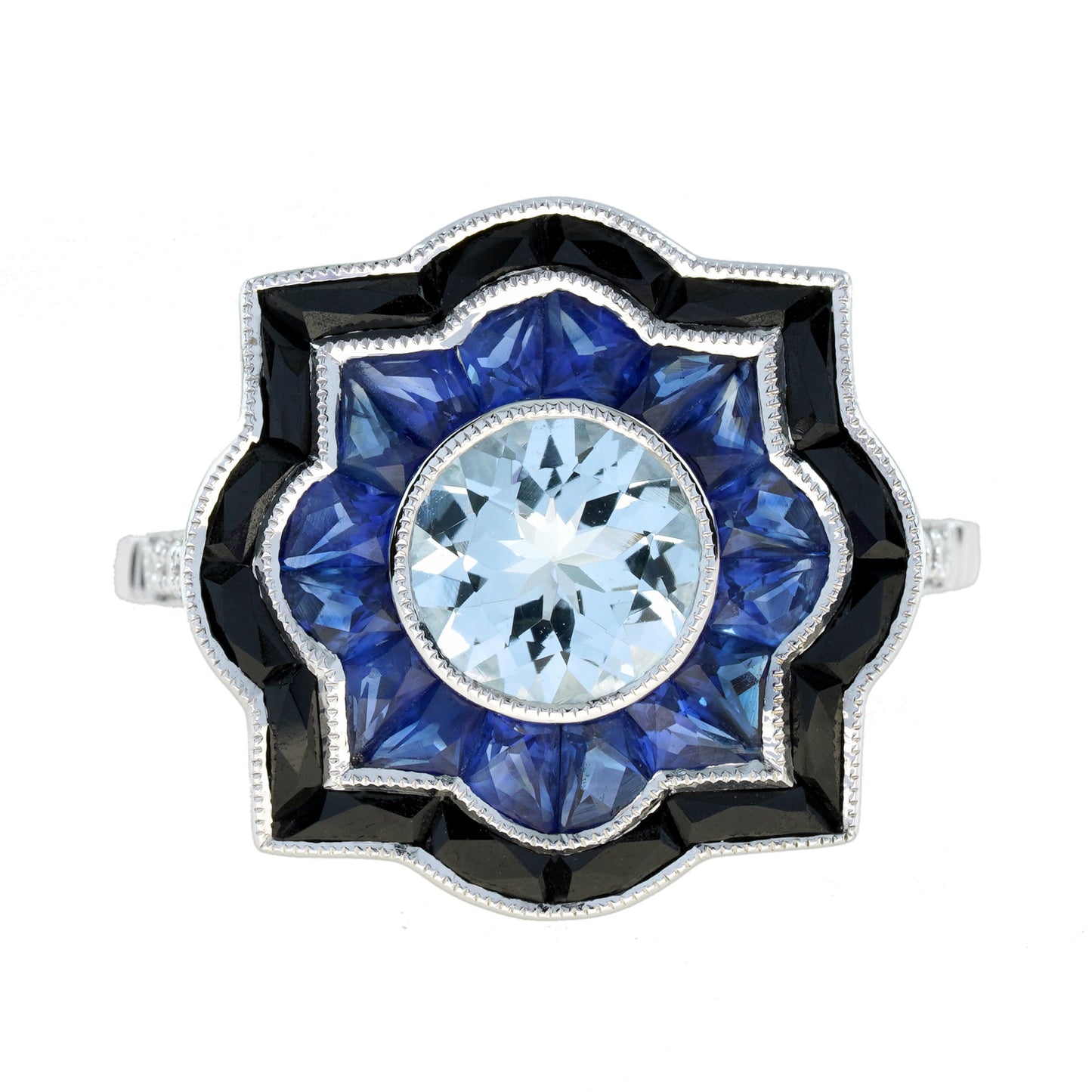 round aquamarine sapphire onyx art deco style target engagement white gold ring