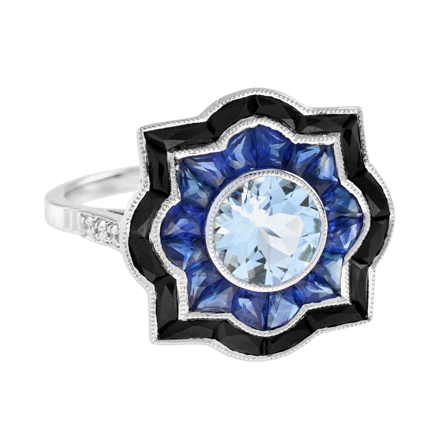 round aquamarine sapphire onyx art deco style target engagement white gold ring