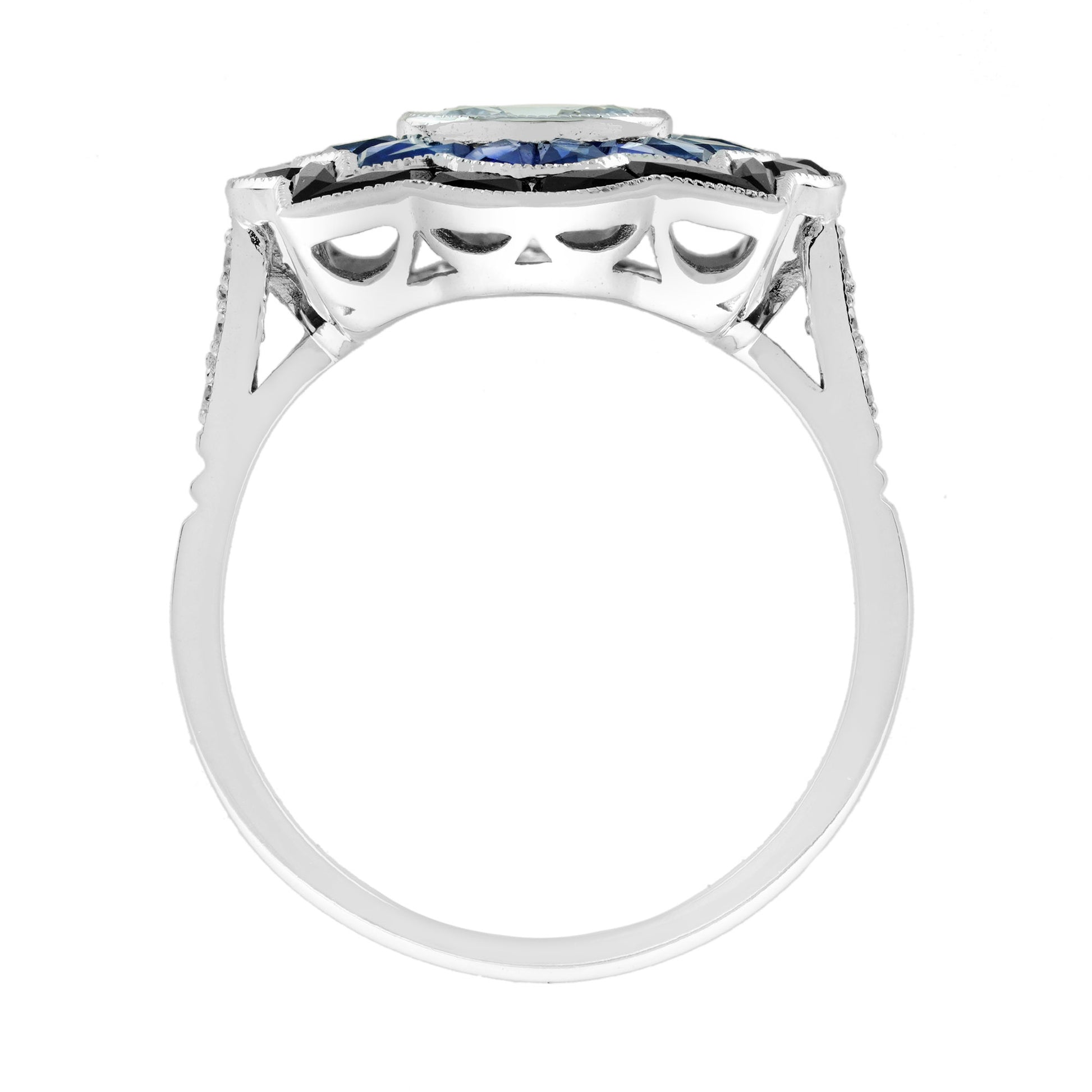 Round Aquamarine Sapphire Onyx Art Deco Style Target Engagement White Gold Ring