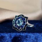 Round Aquamarine Sapphire Onyx Art Deco Style Target Engagement White Gold Ring
