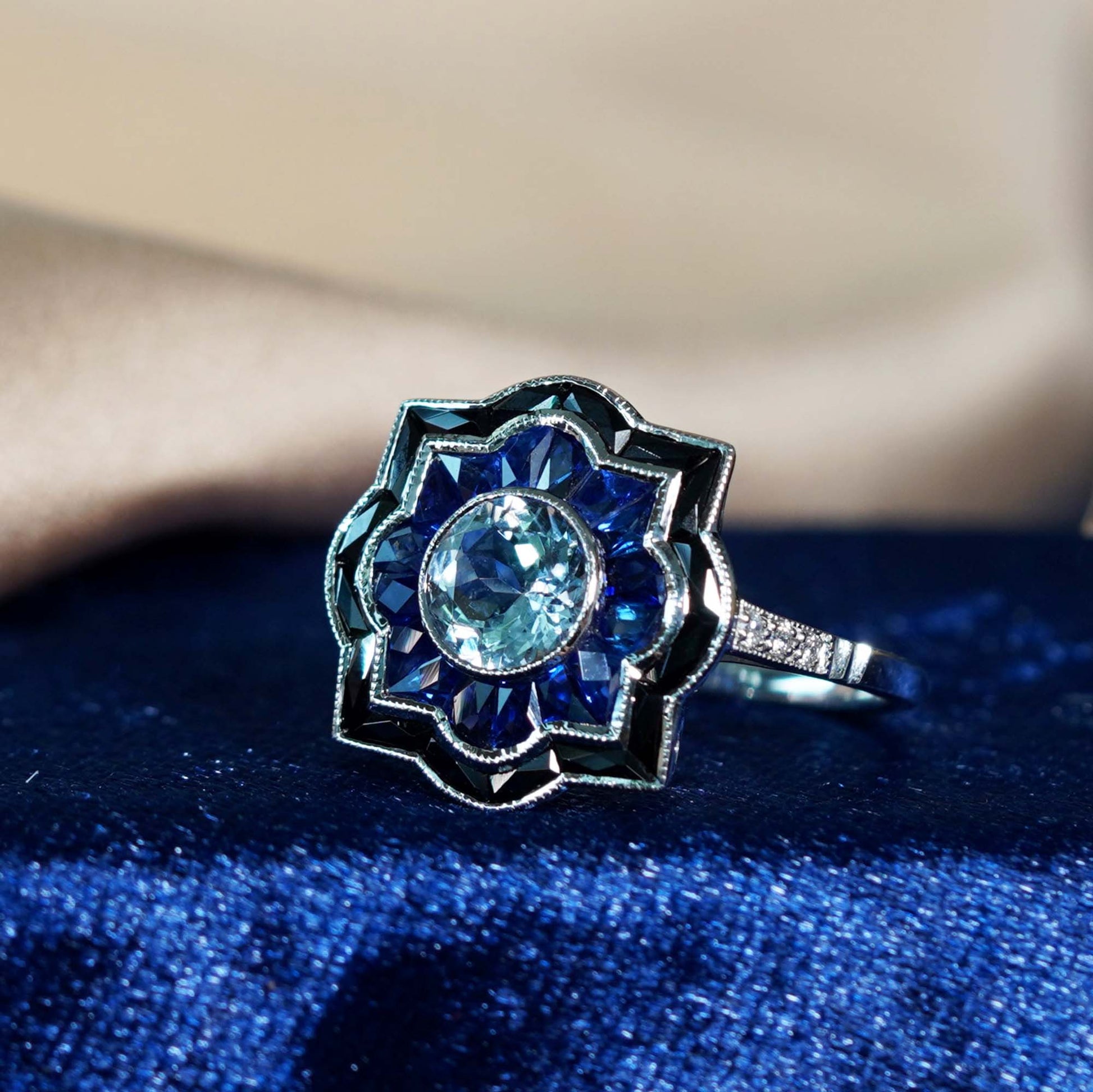 Round Aquamarine Sapphire Onyx Art Deco Style Target Engagement White Gold Ring