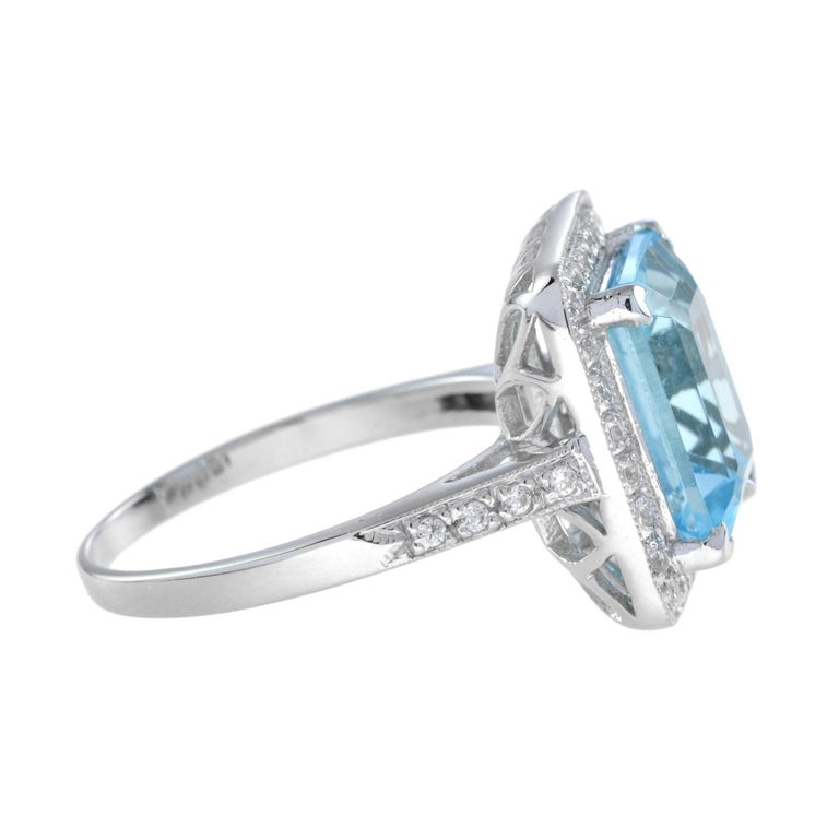 Art Deco Style Emerald Cut Blue Topaz & Diamond Engagement 18K White Gold Ring