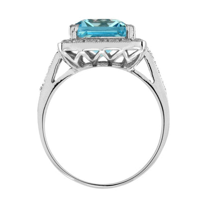 Art Deco Style Emerald Cut Blue Topaz & Diamond Engagement 18K White Gold Ring