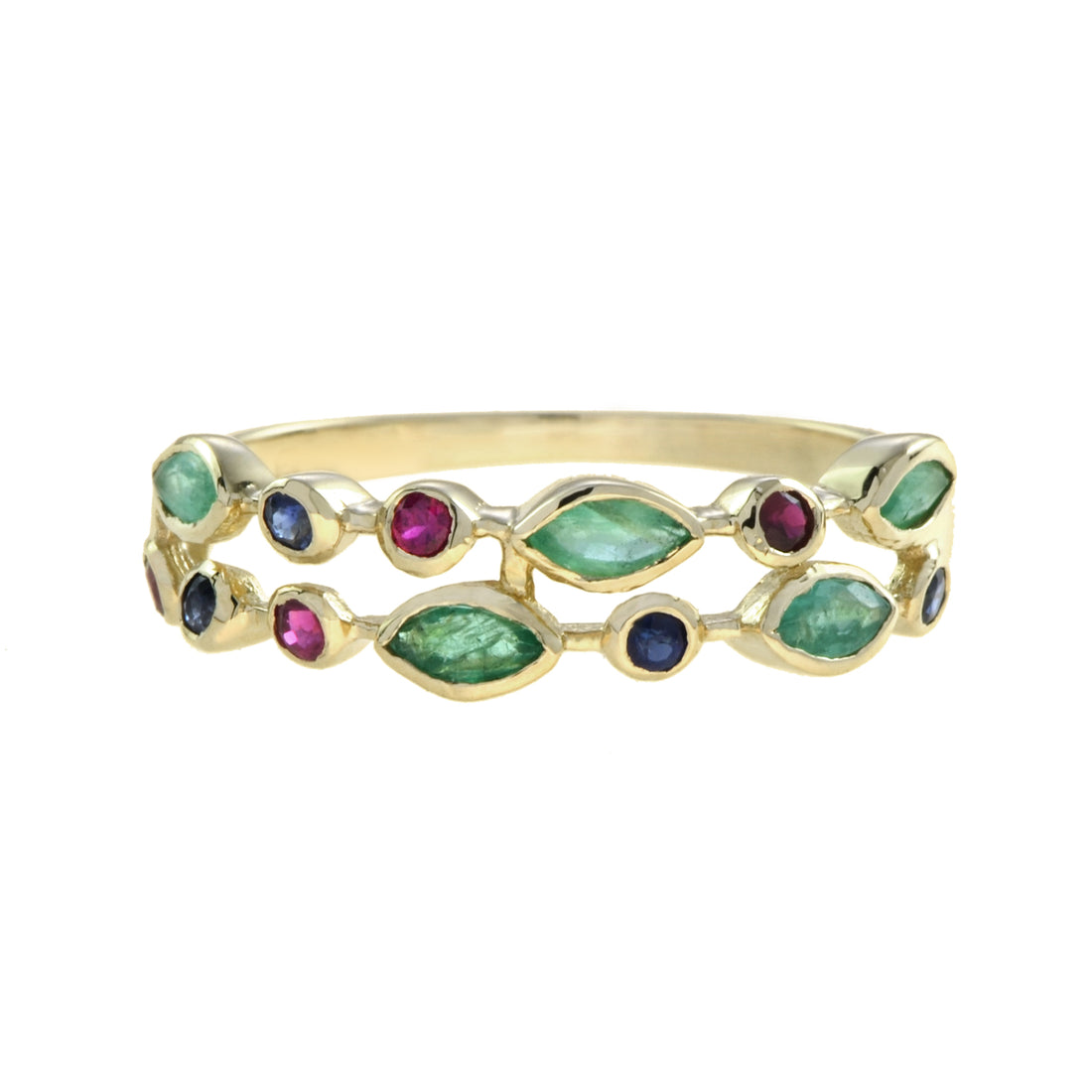Green Emerald Ruby & Sapphire Nature Inspired Floral Leaf Vintage Style Ring