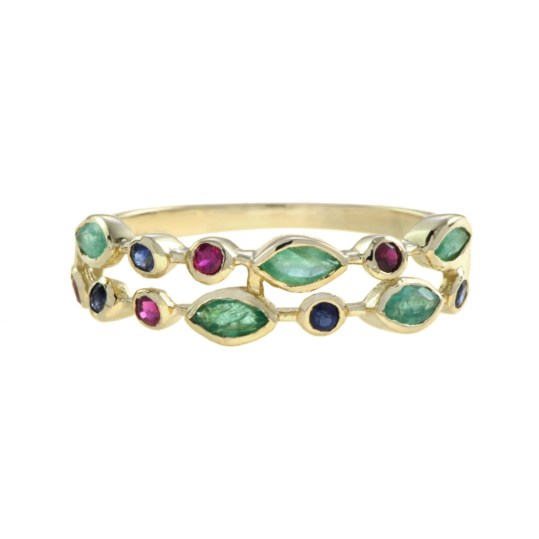 Green Emerald Ruby &amp; Sapphire Nature Inspired Floral Leaf Vintage Style Ring