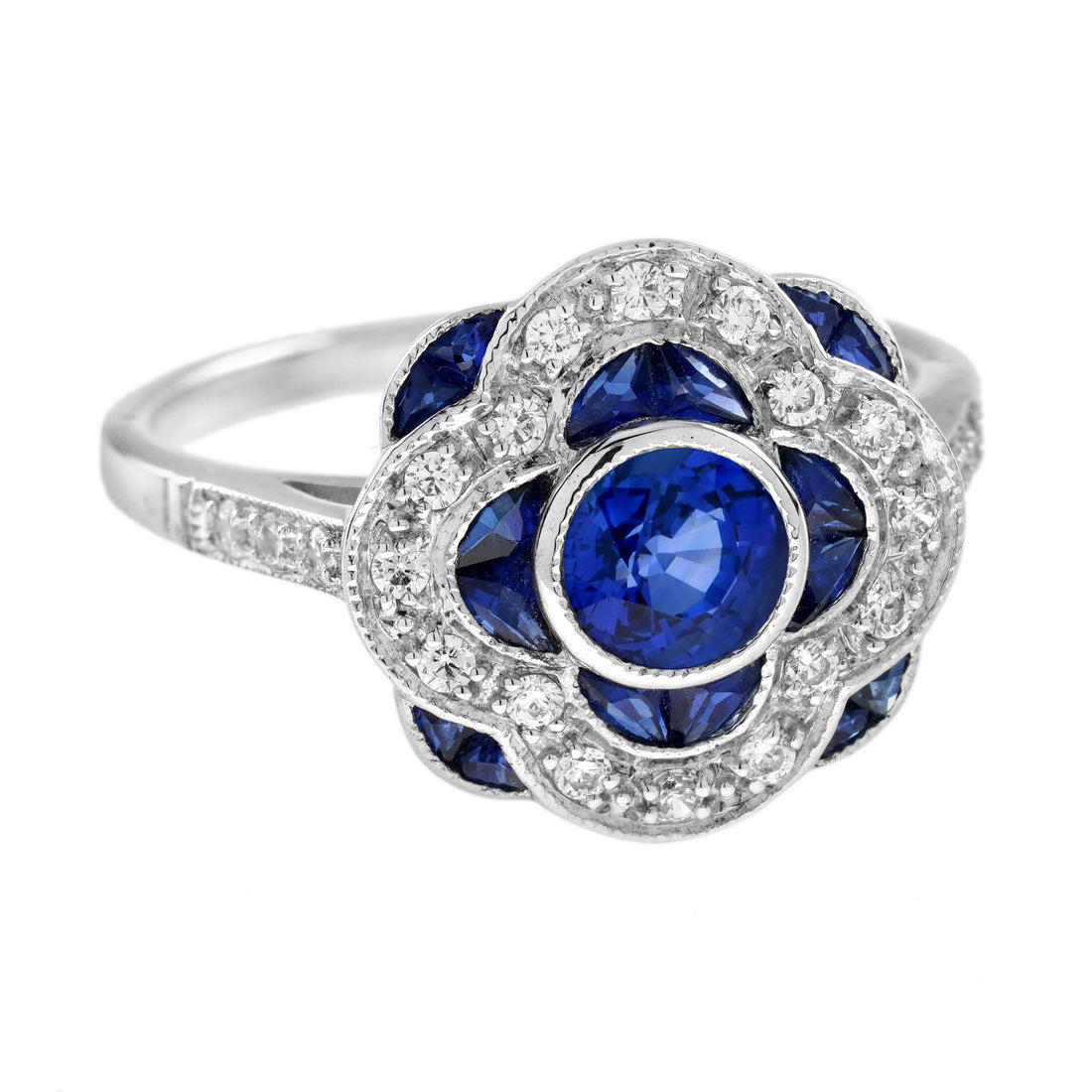 Blue Sapphire & Diamond Art Deco Style Floral Flower Clover Halo White Gold Ring