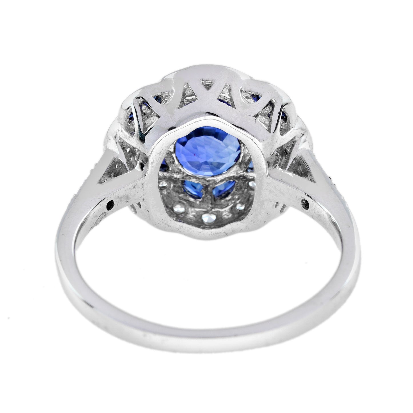 blue sapphire & diamond art deco style floral flower clover halo white gold ring