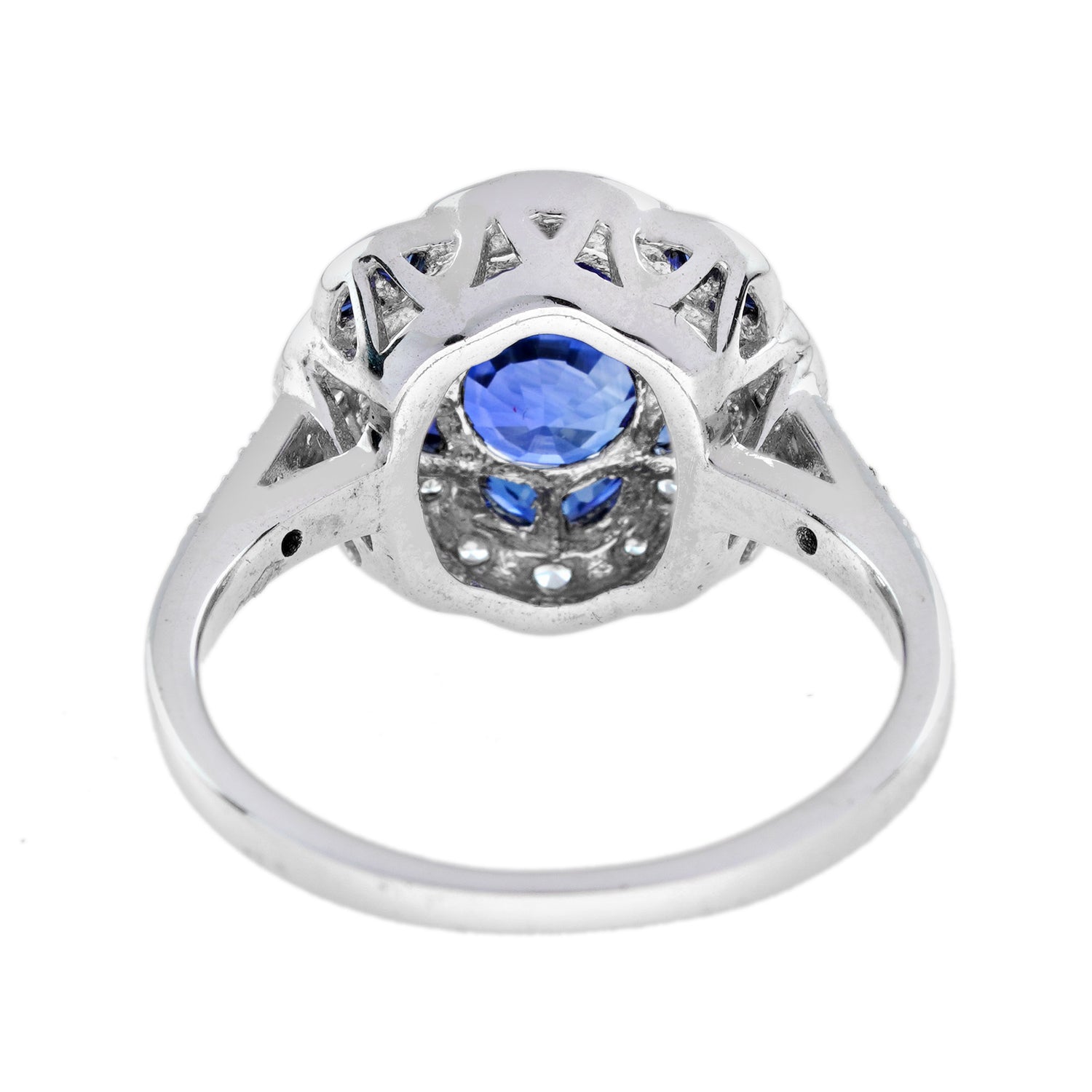 Blue Sapphire &amp; Diamond Art Deco Style Floral Flower Clover Halo White Gold Ring