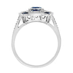 Blue Sapphire & Diamond Art Deco Style Floral Flower Clover Halo White Gold Ring