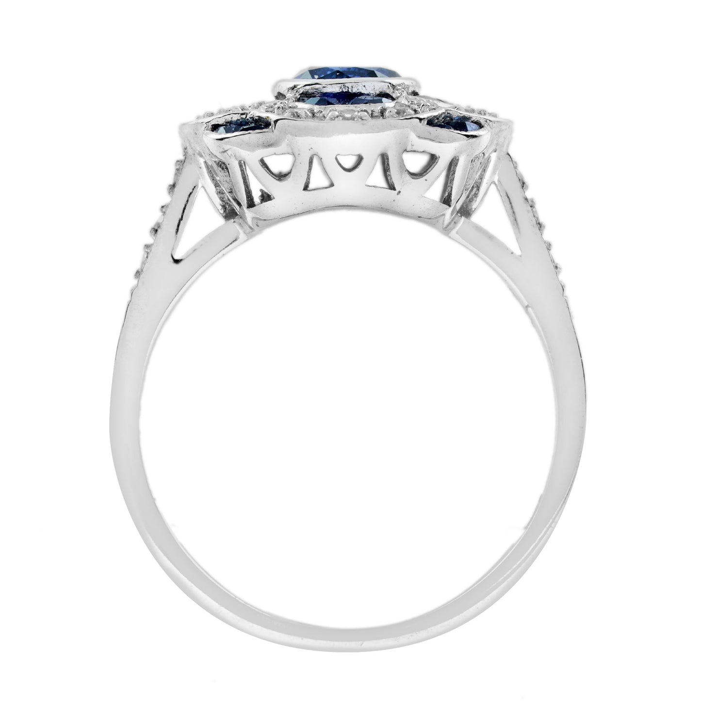 blue sapphire & diamond art deco style floral flower clover halo white gold ring