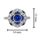 Blue Sapphire & Diamond Art Deco Style Floral Flower Clover Halo White Gold Ring