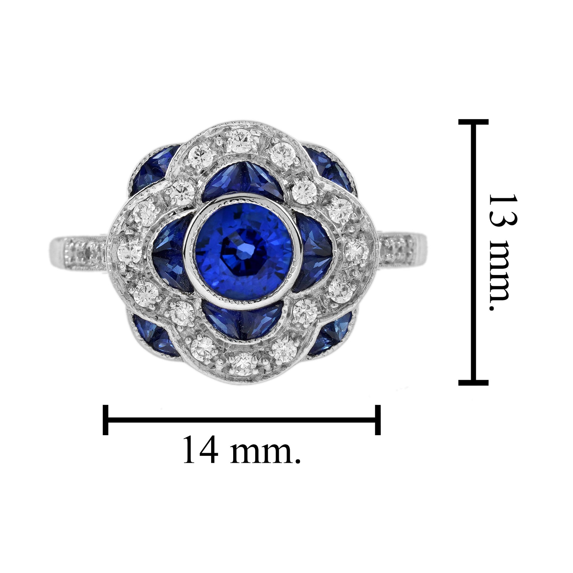 Blue Sapphire & Diamond Art Deco Style Floral Flower Clover Halo White Gold Ring