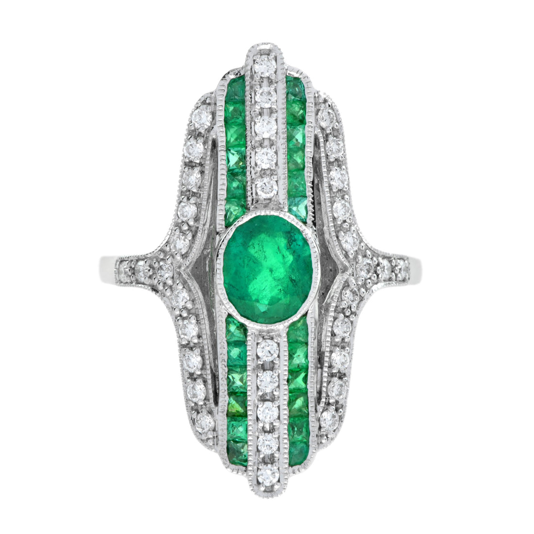 Art Deco Style Inspired Green Emerald with Diamond Cocktail White Gold Ring
