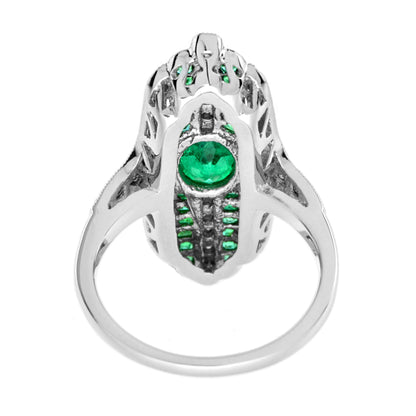 Art Deco Style Inspired Green Emerald with Diamond Cocktail White Gold Ring