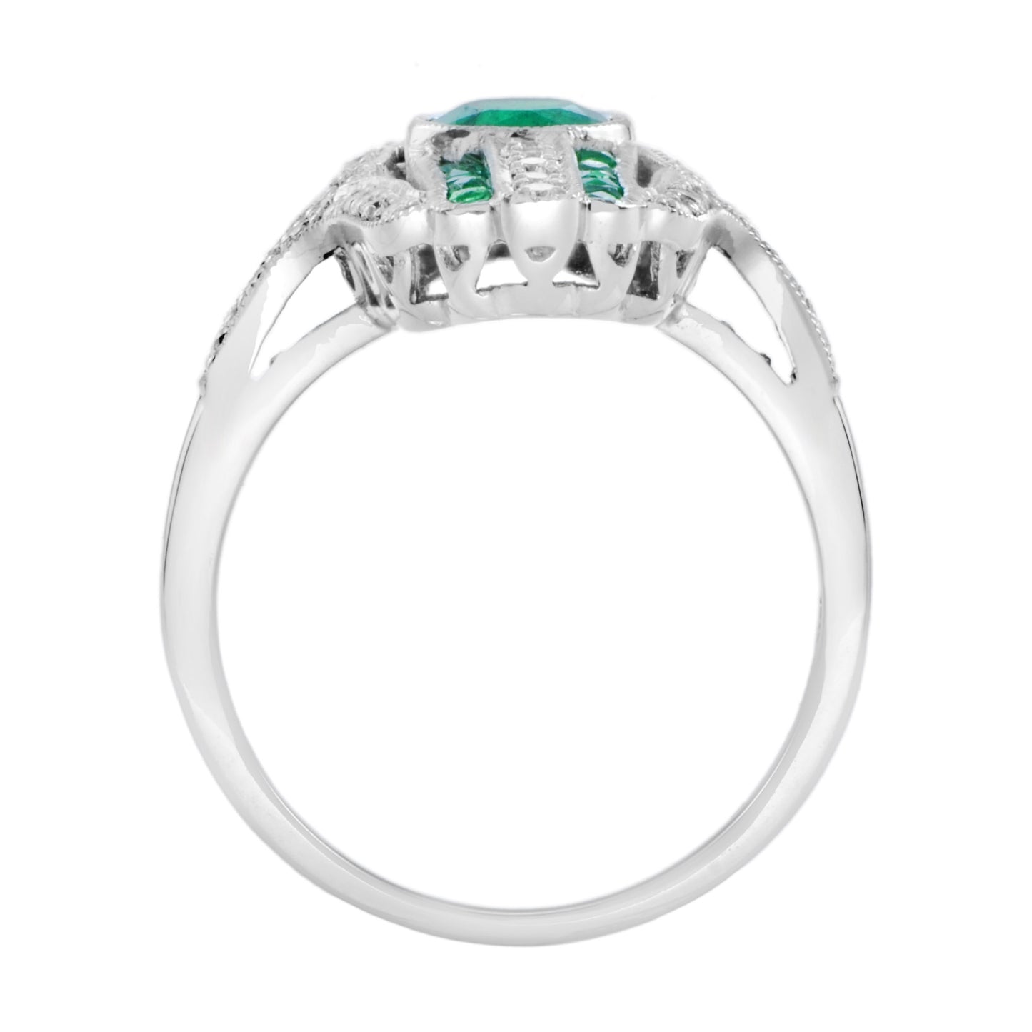 art deco style inspired green emerald with diamond cocktail white gold ring