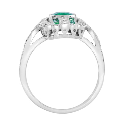 Art Deco Style Inspired Green Emerald with Diamond Cocktail White Gold Ring