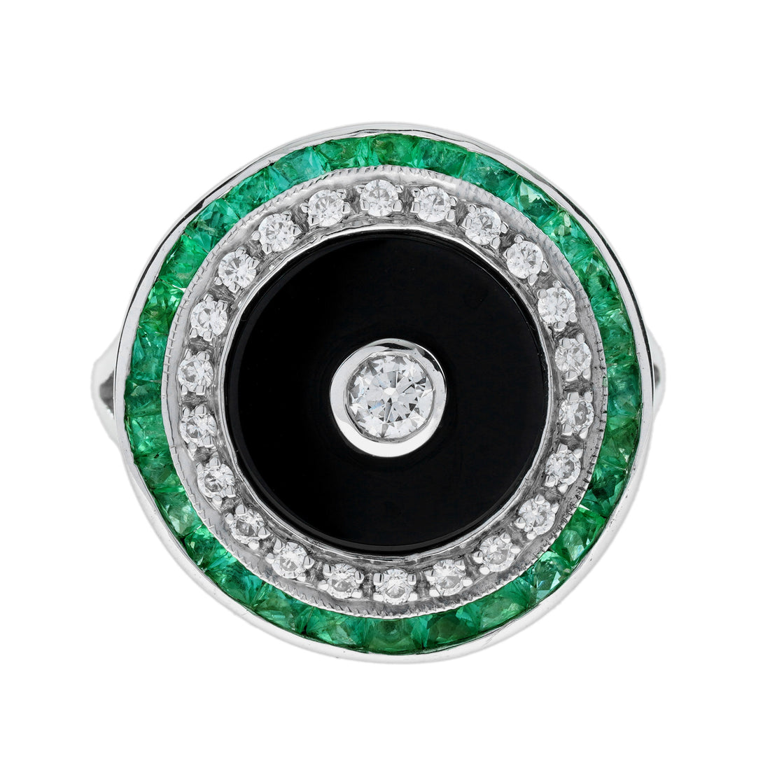 Diamond Onyx Emerald Art Deco Style Target Cocktail 14K White Gold Ring