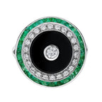 Diamond Onyx Emerald Art Deco Style Target Cocktail 14K White Gold Ring
