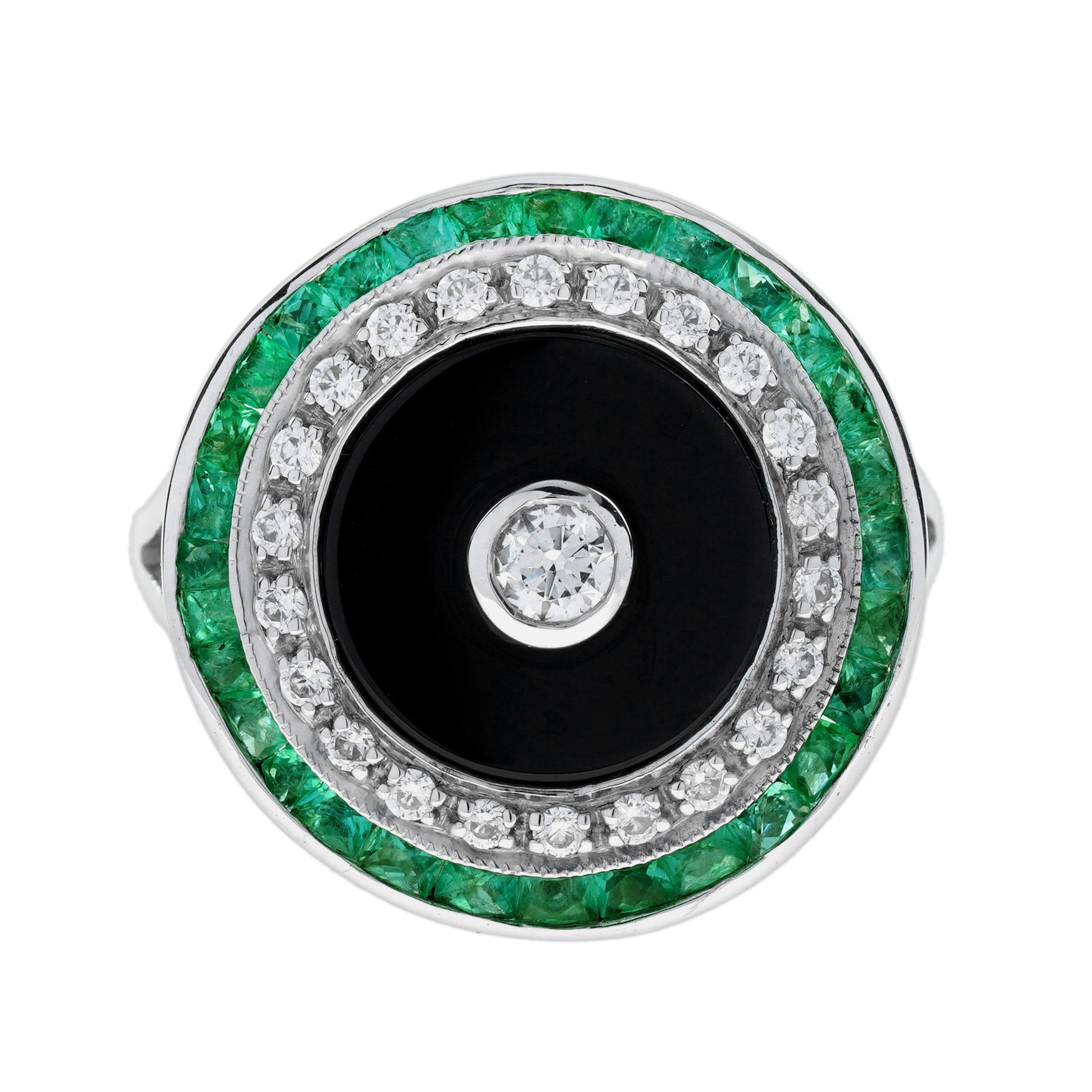 Diamond Onyx Emerald Art Deco Style Target Cocktail 14K White Gold Ring