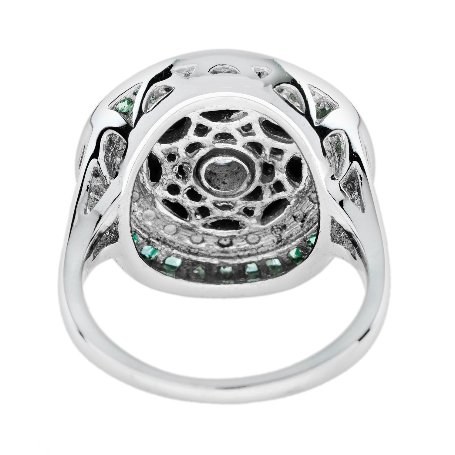 Diamond Onyx Emerald Art Deco Style Target Cocktail 14K White Gold Ring
