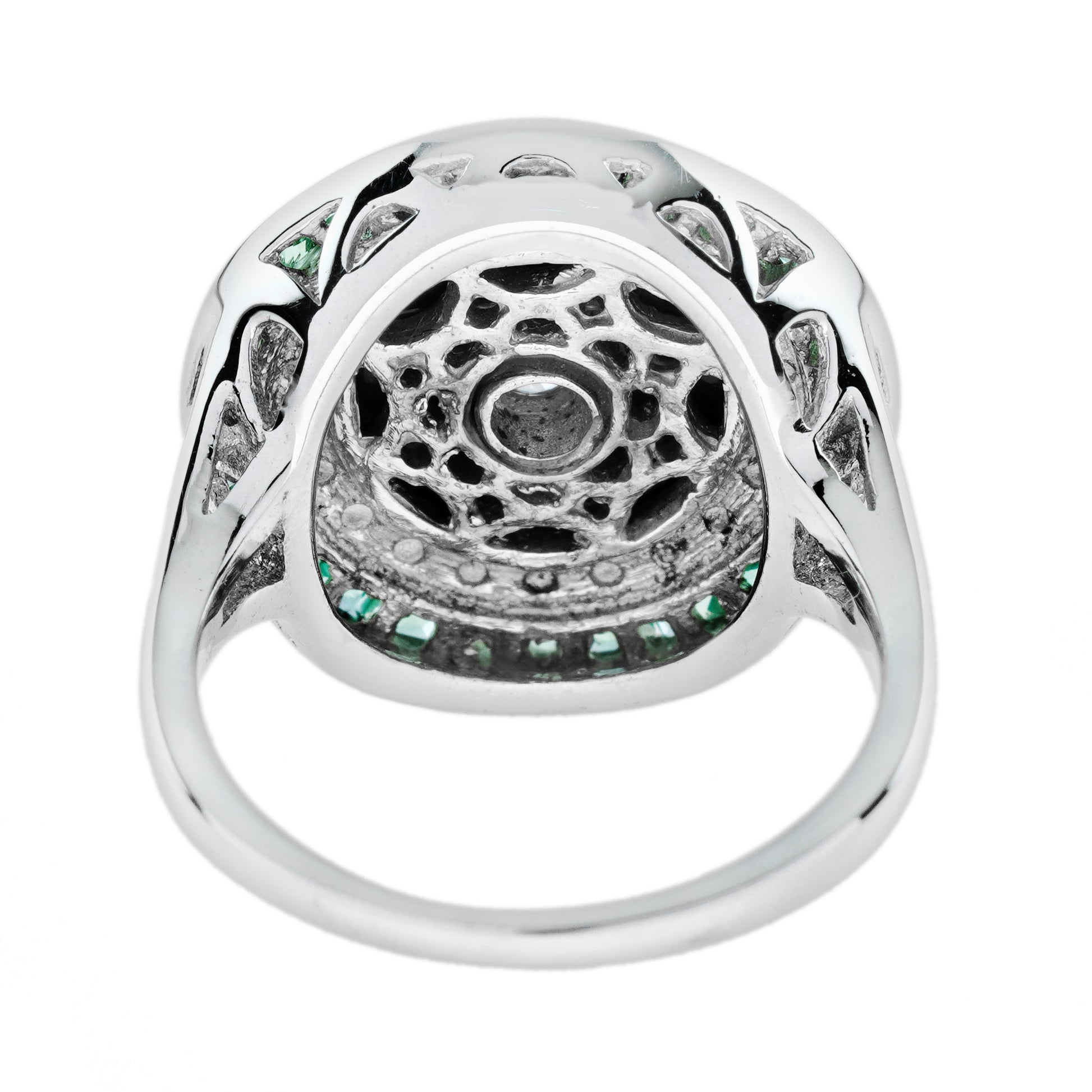 Diamond Onyx Emerald Art Deco Style Target Cocktail 14K White Gold Ring