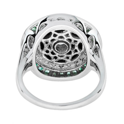 Diamond Onyx Emerald Art Deco Style Target Cocktail 14K White Gold Ring