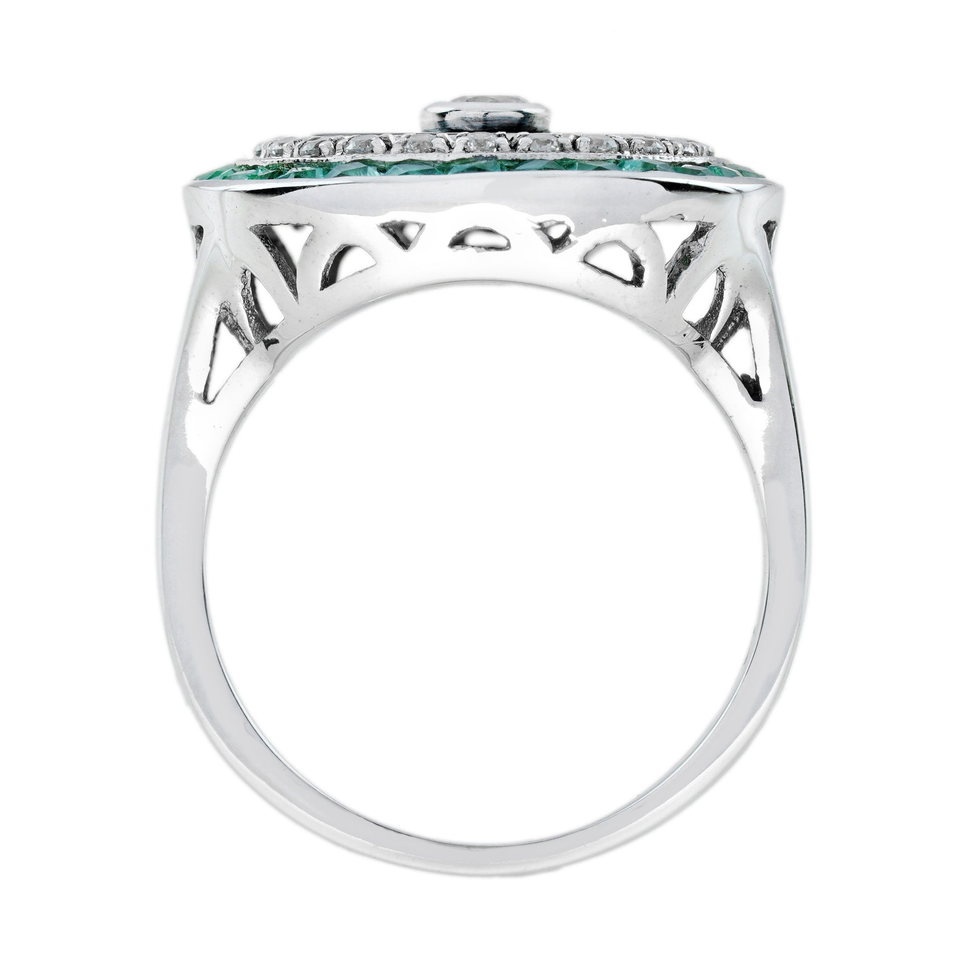 Diamond Onyx Emerald Art Deco Style Target Cocktail 14K White Gold Ring