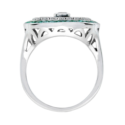 Diamond Onyx Emerald Art Deco Style Target Cocktail 14K White Gold Ring