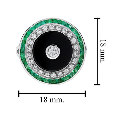 Diamond Onyx Emerald Art Deco Style Target Cocktail 14K White Gold Ring