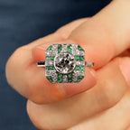 GIA Round Diamond & Green Emerald Art Deco Style Engagement 18K White Gold Ring