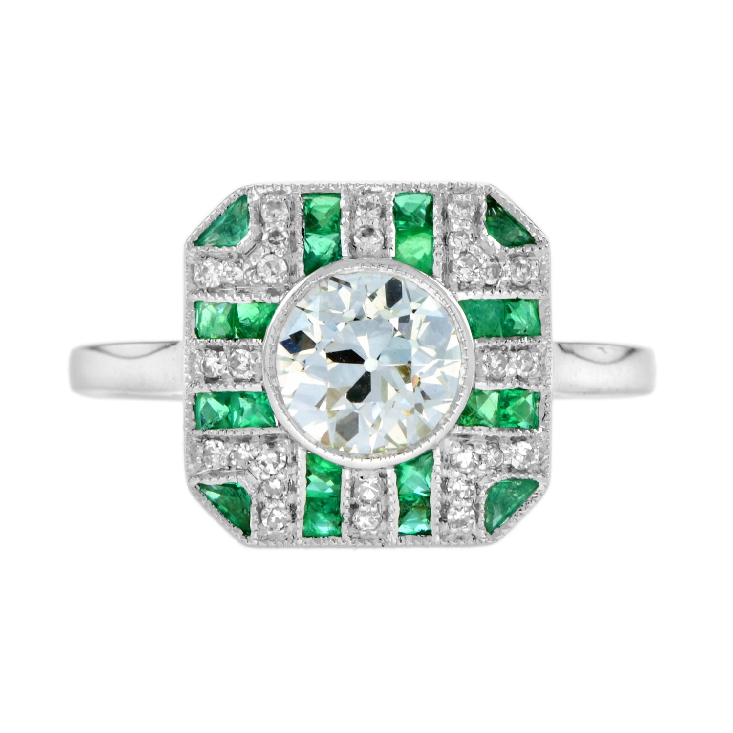 GIA Round Diamond &amp; Green Emerald Art Deco Style Engagement 18K White Gold Ring