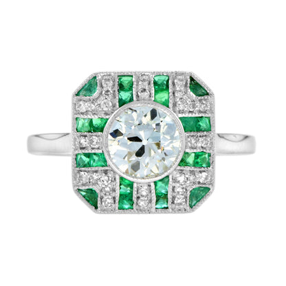 GIA Round Diamond & Green Emerald Art Deco Style Engagement 18K White Gold Ring